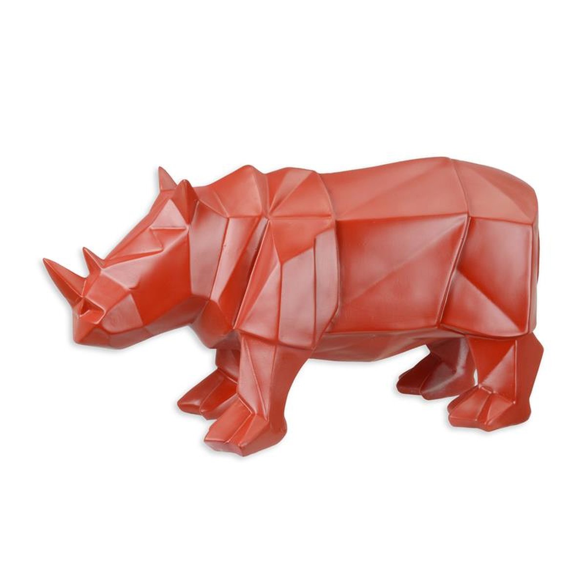 A RESIN POLYGONAL FIGURINE OF A RHINOCEROS, RED