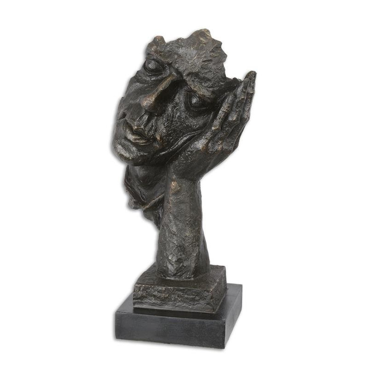 A RESIN SCULPTURE OF A FACE RESTING ON HAND