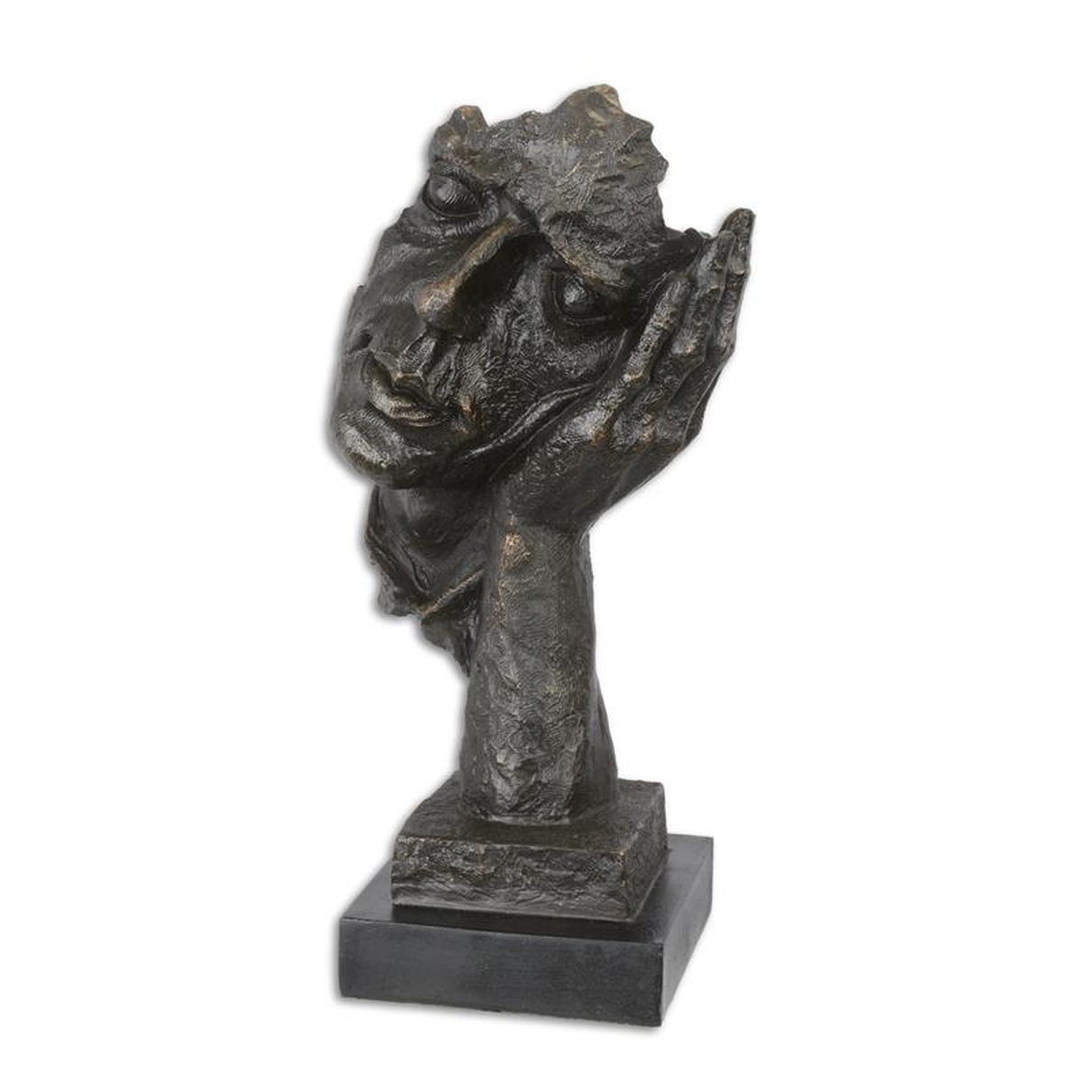 A RESIN SCULPTURE OF A FACE RESTING ON HAND