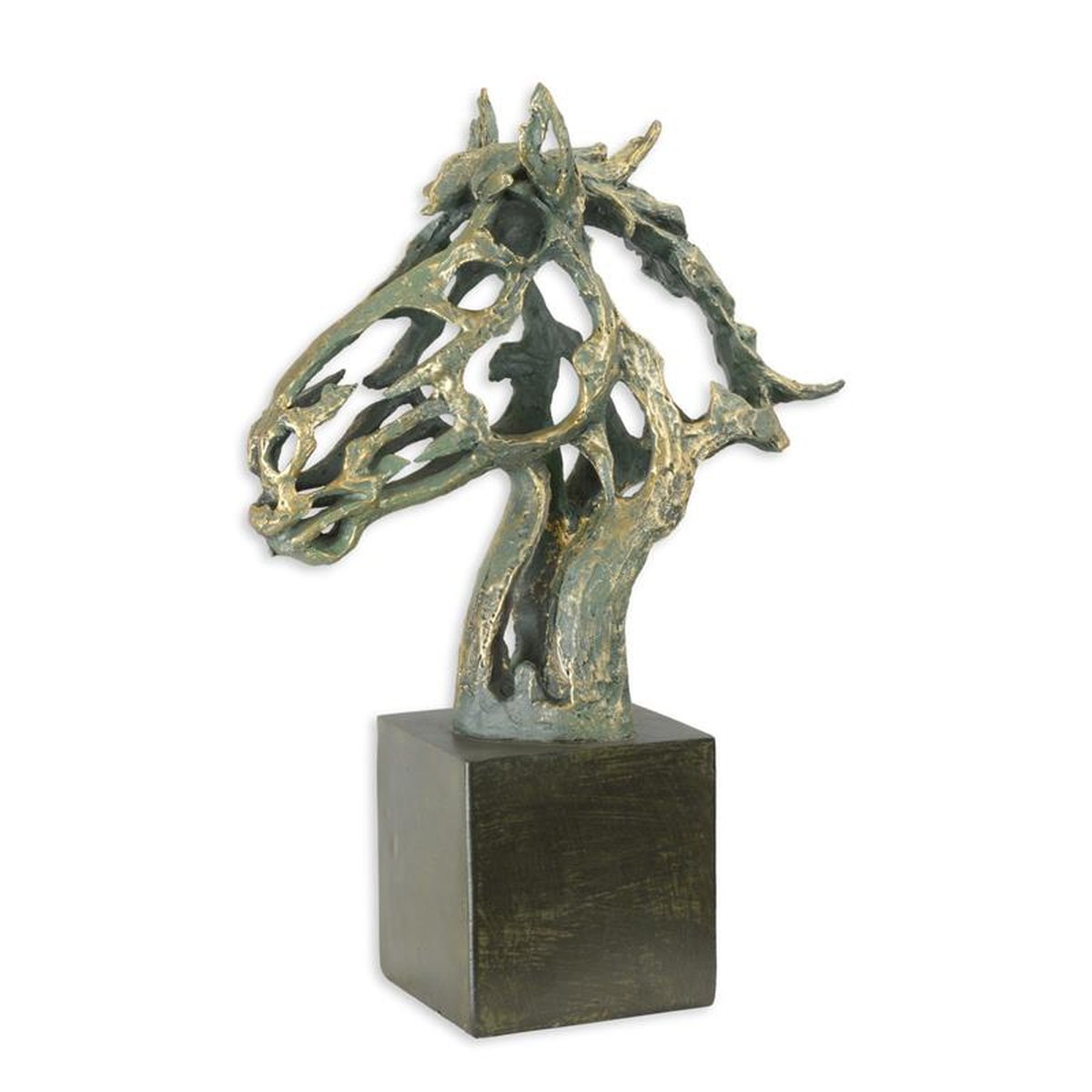 A RESIN SCULPTURE OF A PIERCED HORSEHEAD