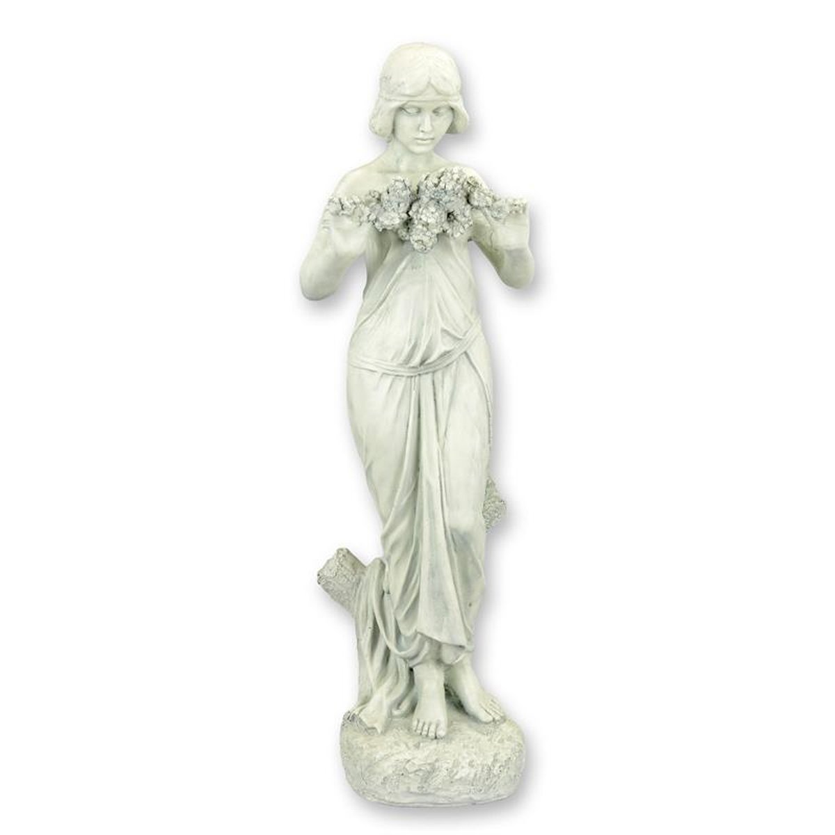 A RESIN SCULPTURE OF A WOMAN HOLDING FLOWERS