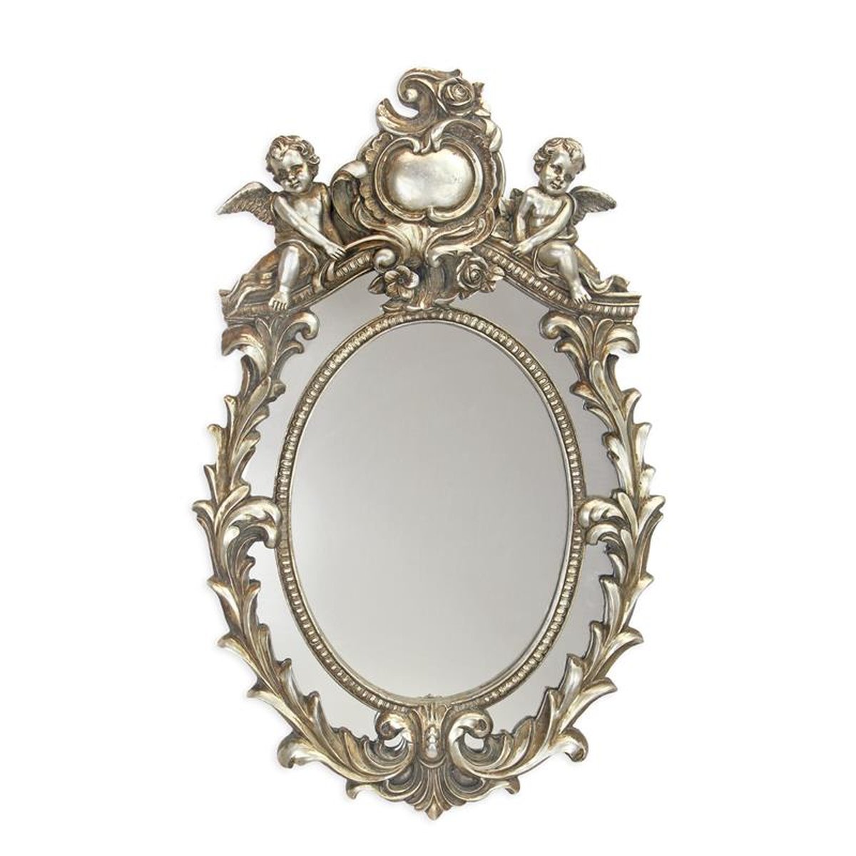 A RESIN SILVER MIRROR FLANKED BY TWO PUTTI