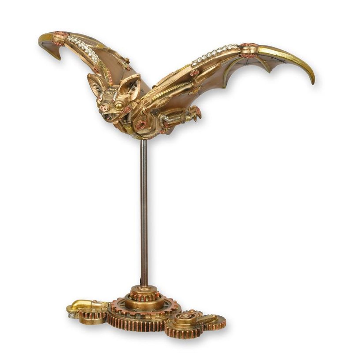 A RESIN STEAMPUNK FIGURINE OF A BAT ON STAND