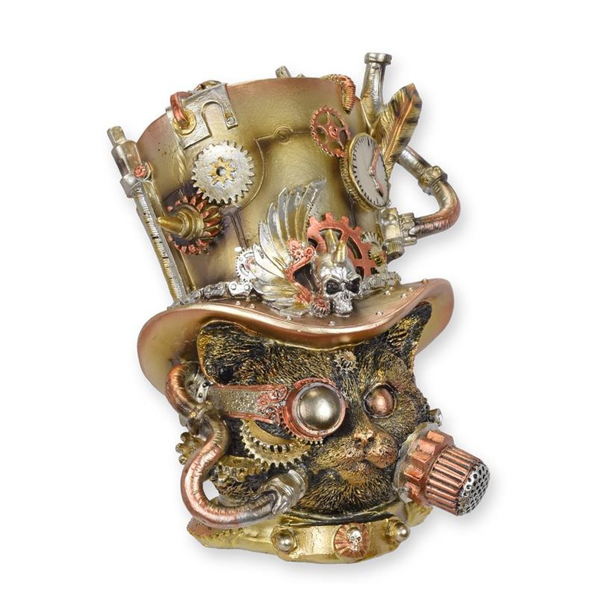 A RESIN STEAMPUNK FIGURINE OF A CAT HEAD