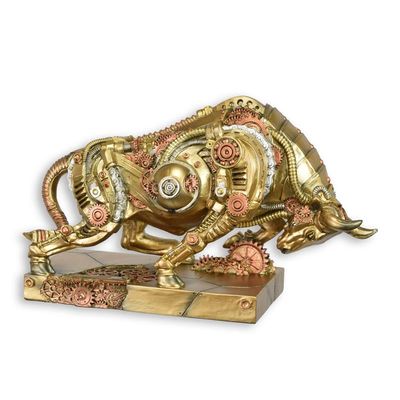 A RESIN STEAMPUNK FIGURINE OF A CHARGING BULL