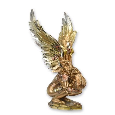 A RESIN STEAMPUNK FIGURINE OF A SQUATTING ANGEL