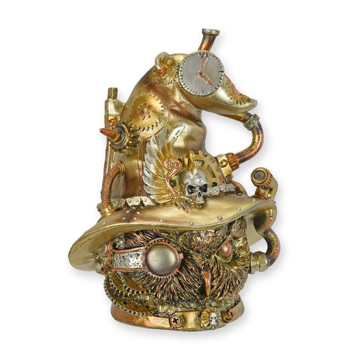 A RESIN STEAMPUNK FIGURINE OF AN OWL HEAD