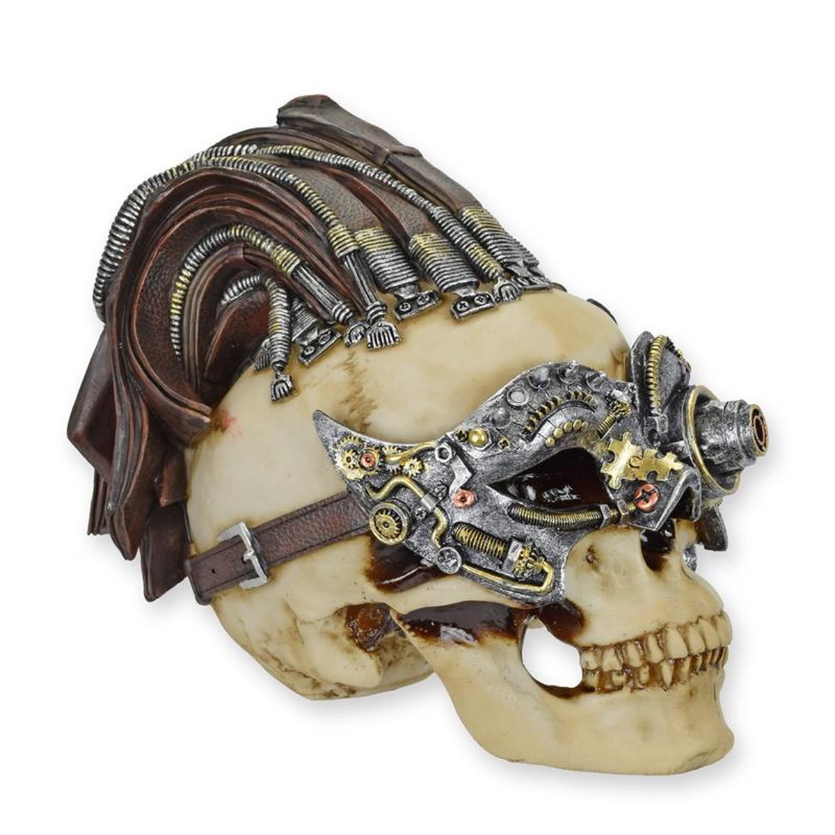 A RESIN STEAMPUNK SKULL WITH VENETIAN MASK