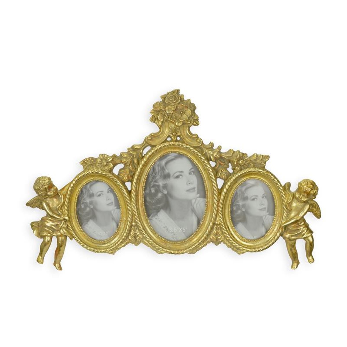 A RESIN TRIPLE PHOTO FRAME FLANKED BY PUTTI