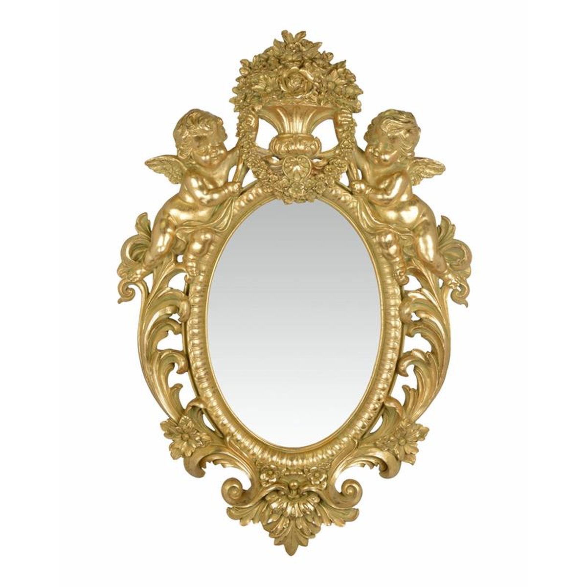 A RESIN WALL MIRROR FLANKED BY TWO PUTTI