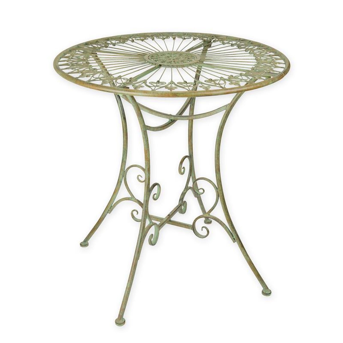 A ROUND IRON GARDEN TABLE