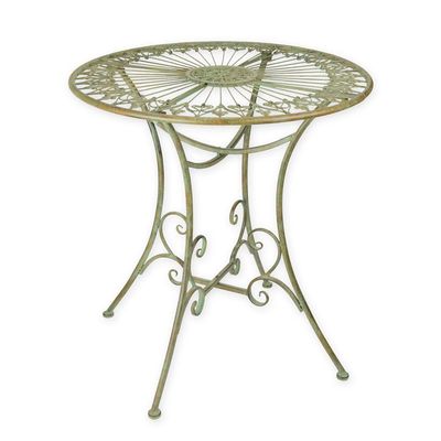 A ROUND IRON GARDEN TABLE