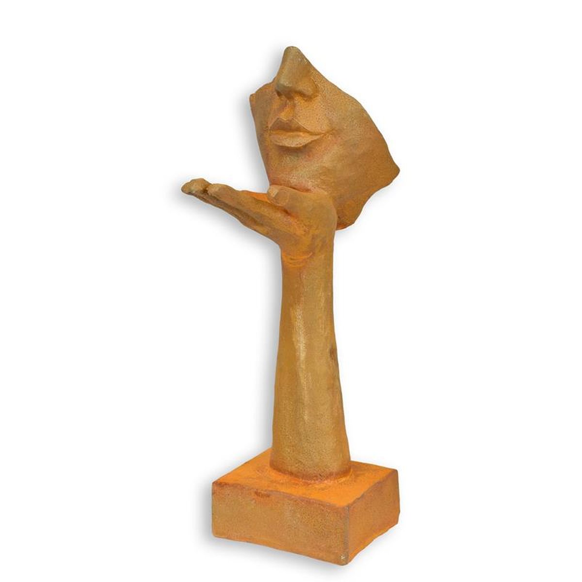 A RUSTY CAST IRON FIGURINE OF A BLOW KISS