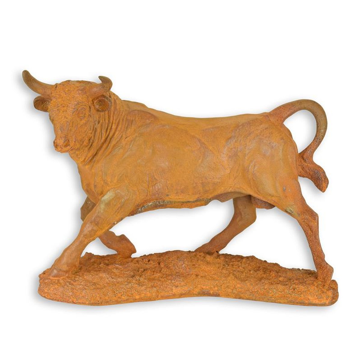 A RUSTY CAST IRON FIGURINE OF A BULL
