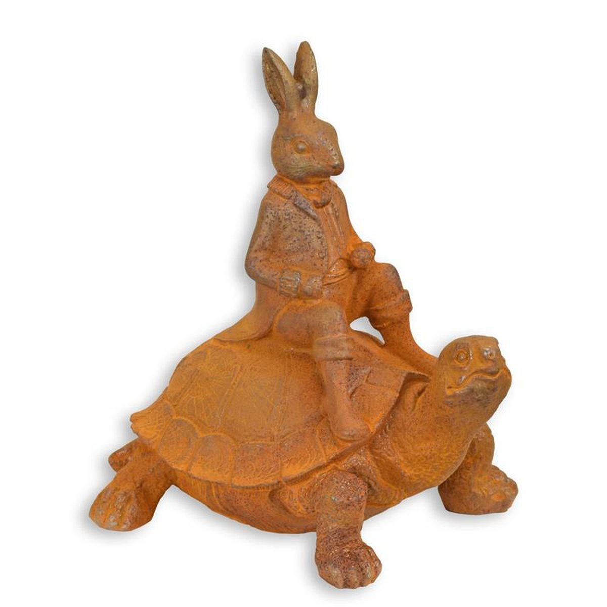 A RUSTY CAST IRON FIGURINE OF A BUNNY RIDING A TORTOISE