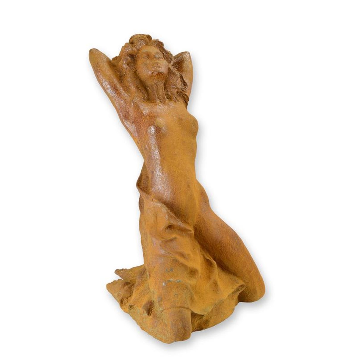 A RUSTY CAST IRON FIGURINE OF A FEMALE NUDE