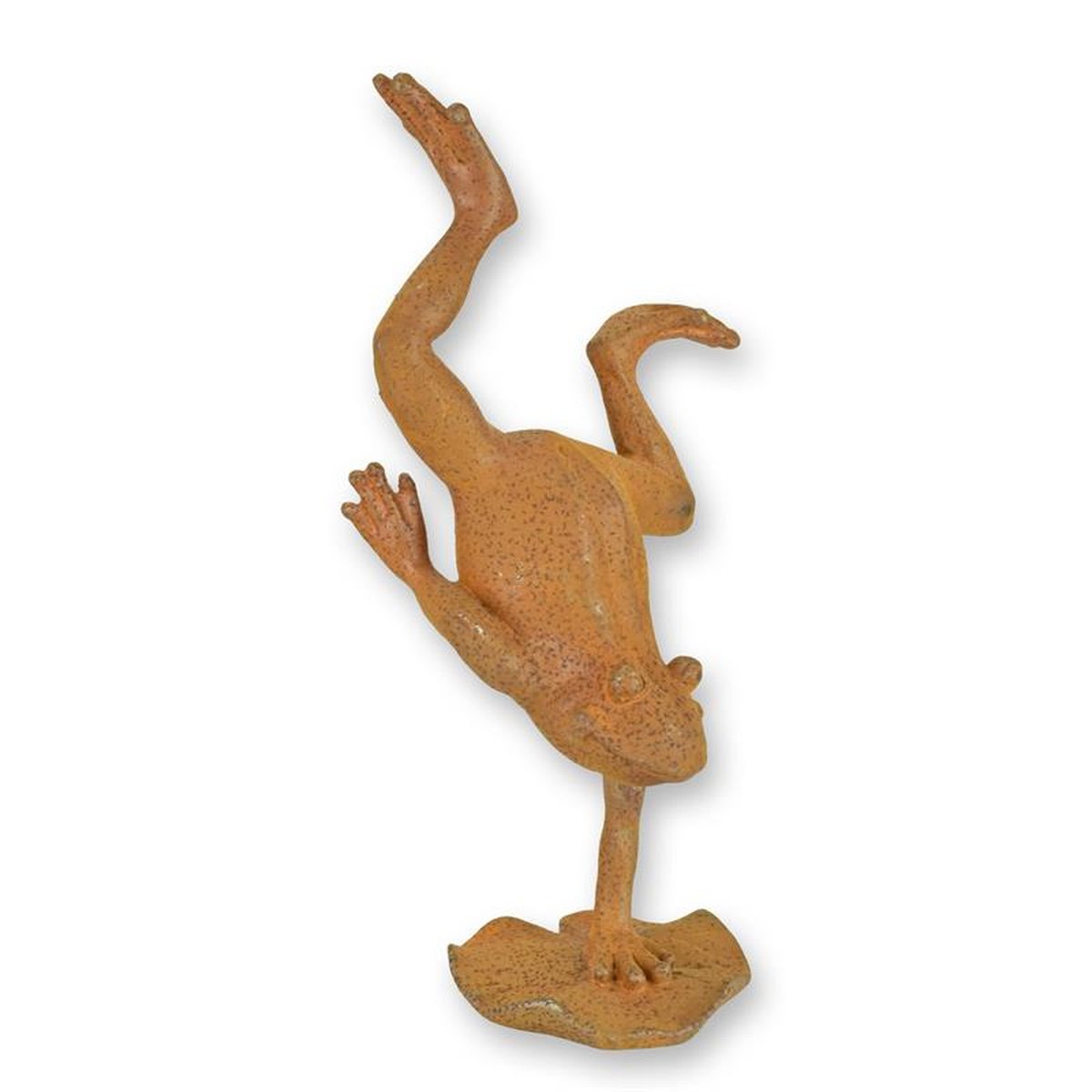 A RUSTY CAST IRON FIGURINE OF A FROG DOING HANDSTAND