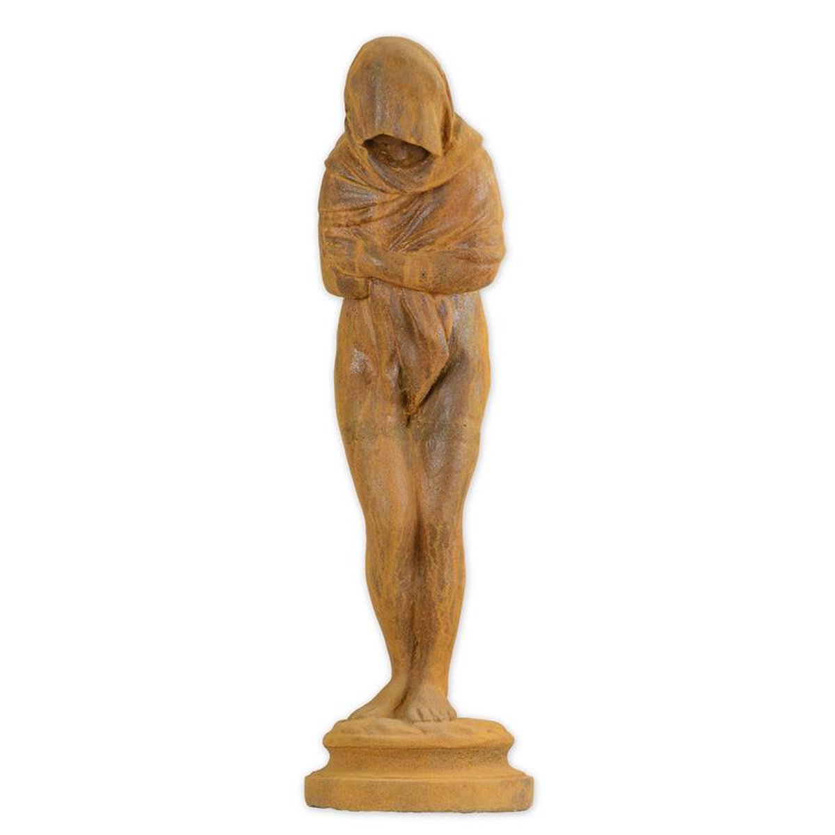 A RUSTY CAST IRON FIGURINE OF A HOODED WOMAN