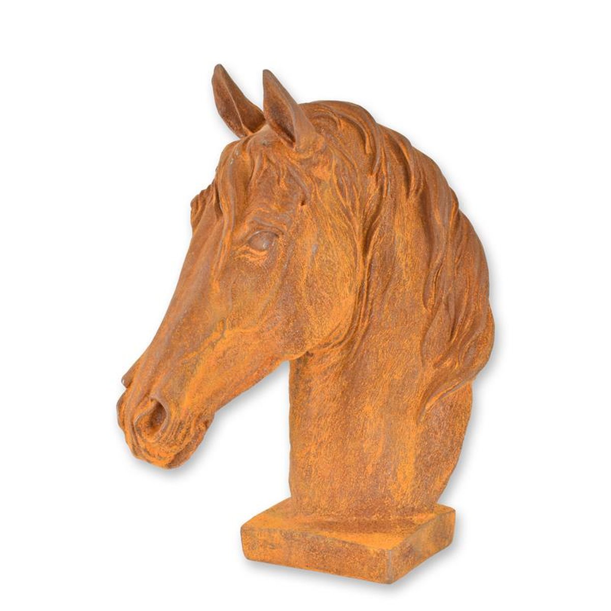 A RUSTY CAST IRON FIGURINE OF A HORSE HEAD