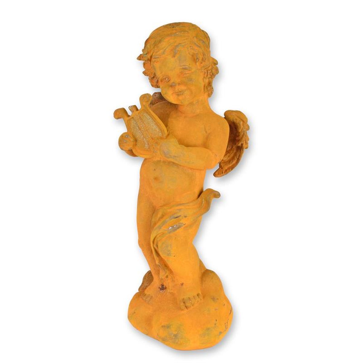 A RUSTY CAST IRON FIGURINE OF A PUTTO PLYING HARP