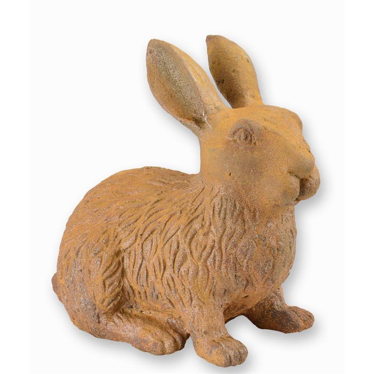 A RUSTY CAST IRON FIGURINE OF A RABBIT