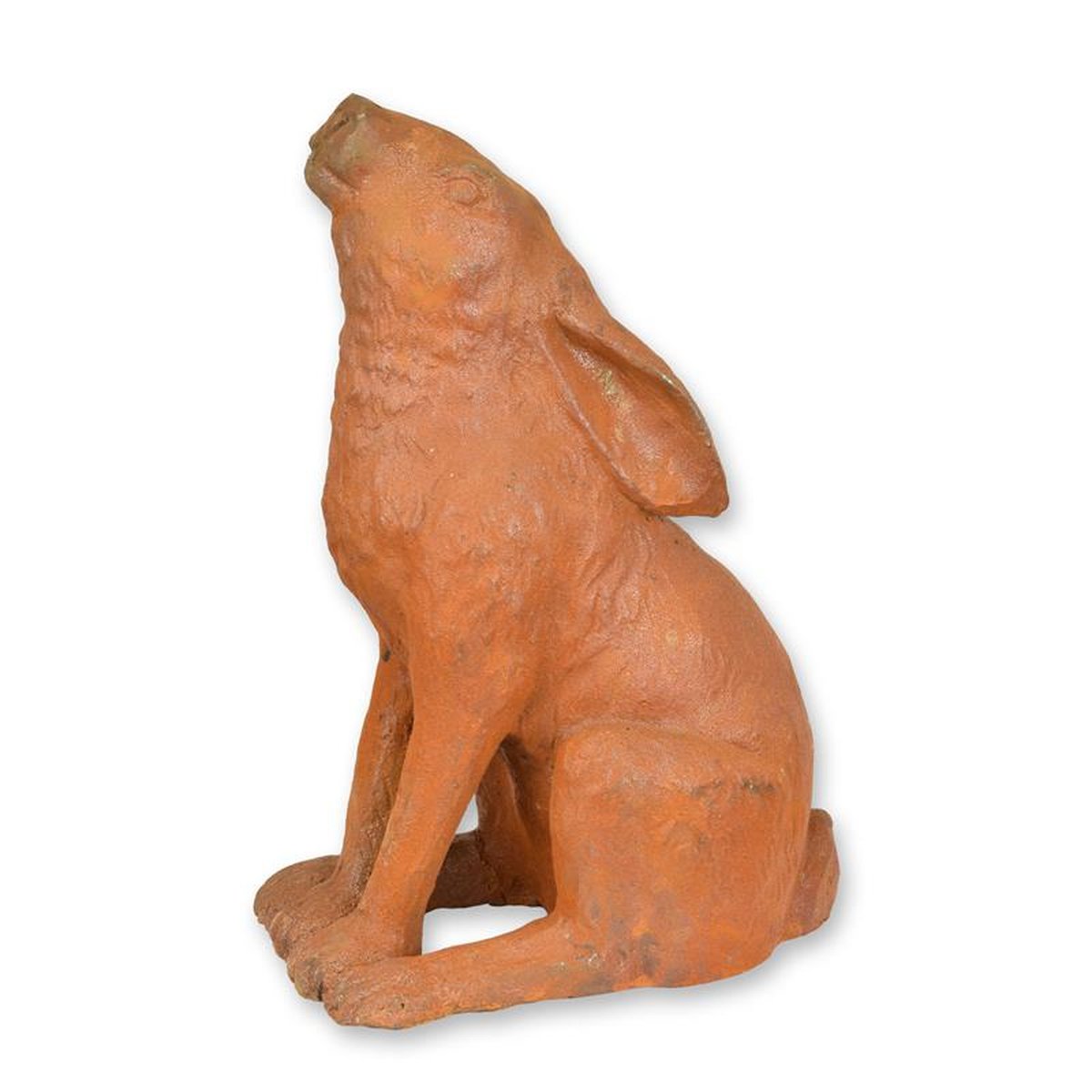 A RUSTY CAST IRON FIGURINE OF A RABBIT