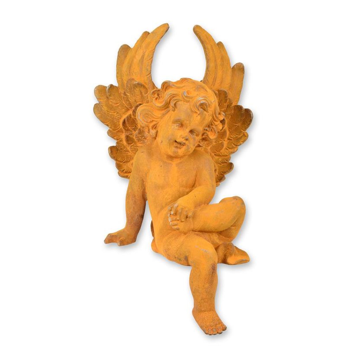 A RUSTY CAST IRON FIGURINE OF A SITTING PUTTO