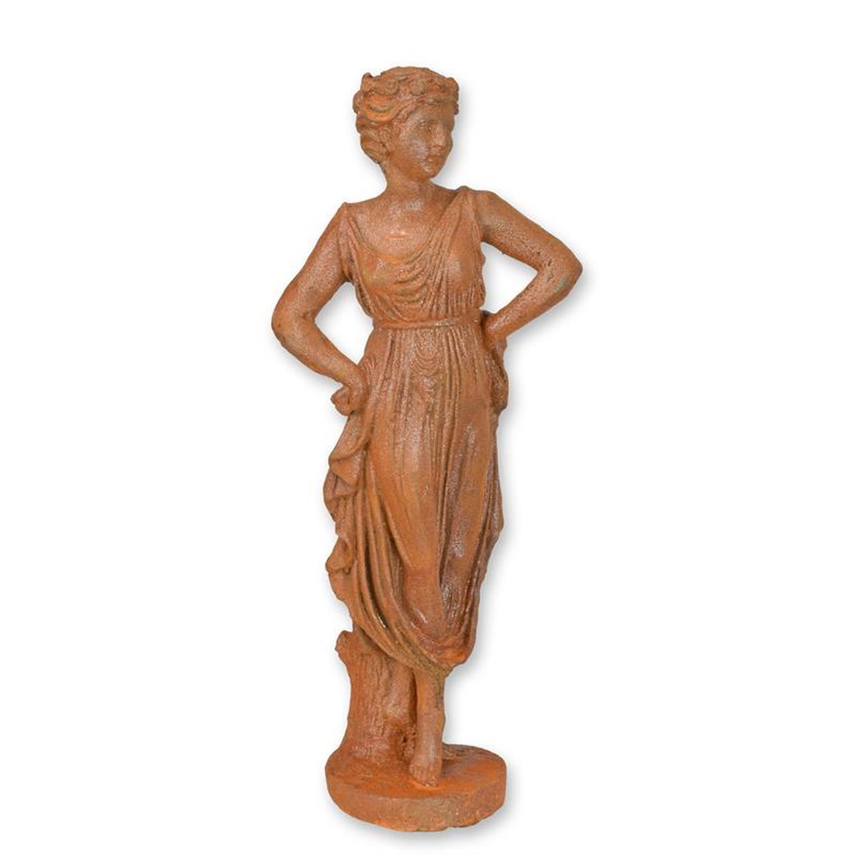 A RUSTY CAST IRON FIGURINE OF A WOMAN IN DRESS