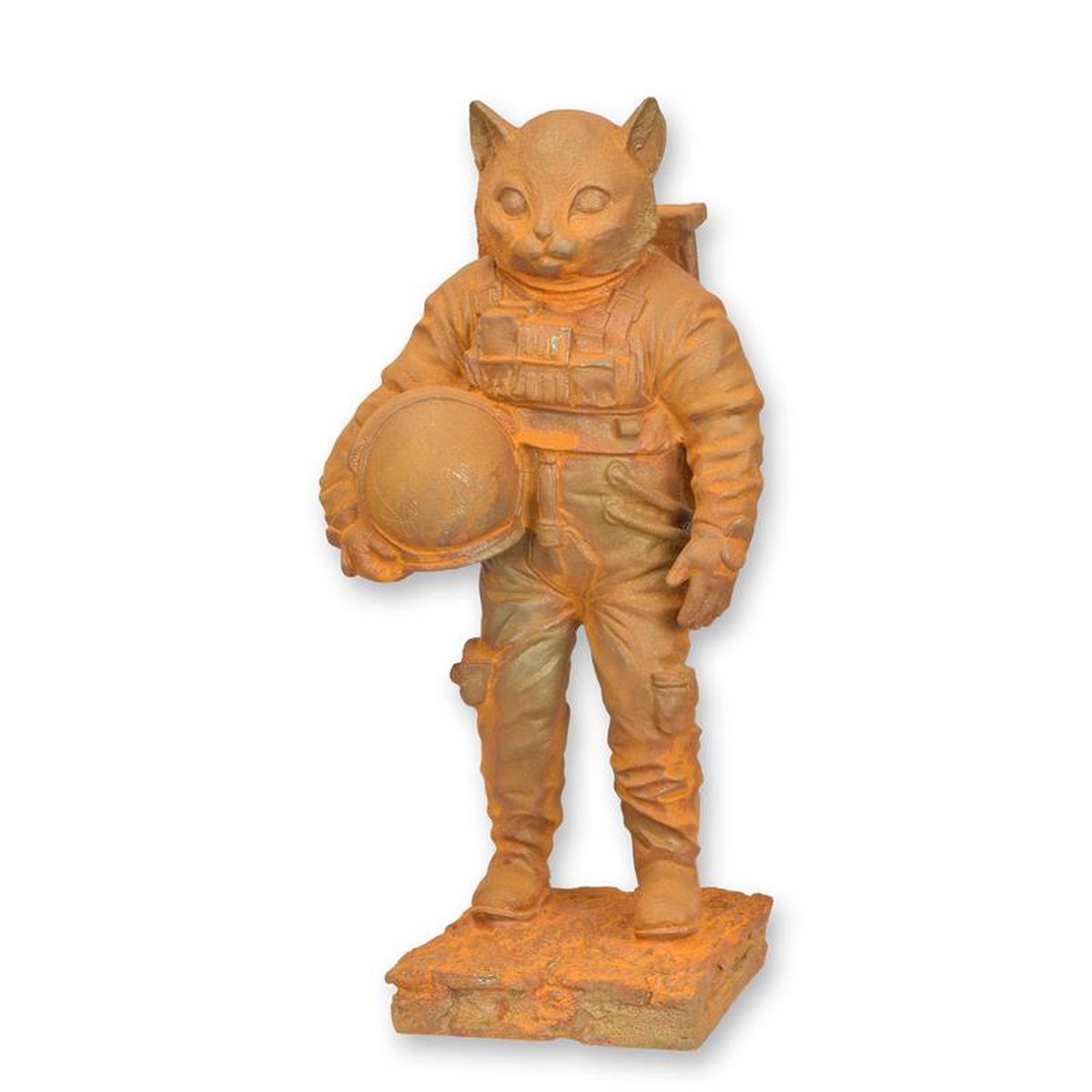 A RUSTY CAST IRON FIGURINE OF ASTRO-CAT