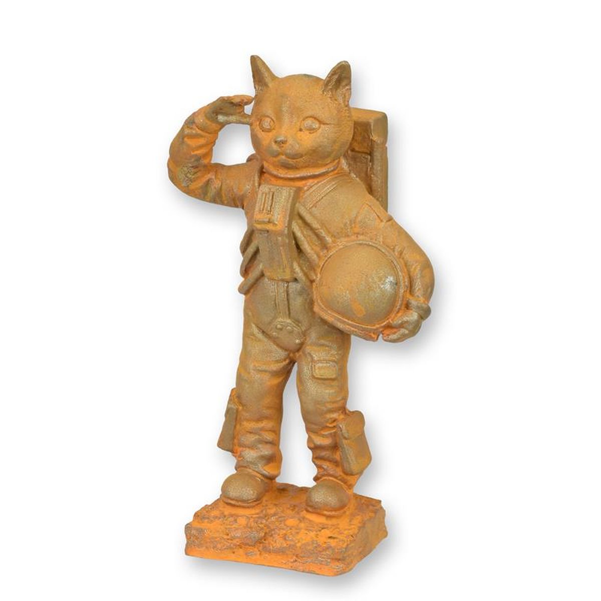 A RUSTY CAST IRON FIGURINE OF ASTRO-CAT