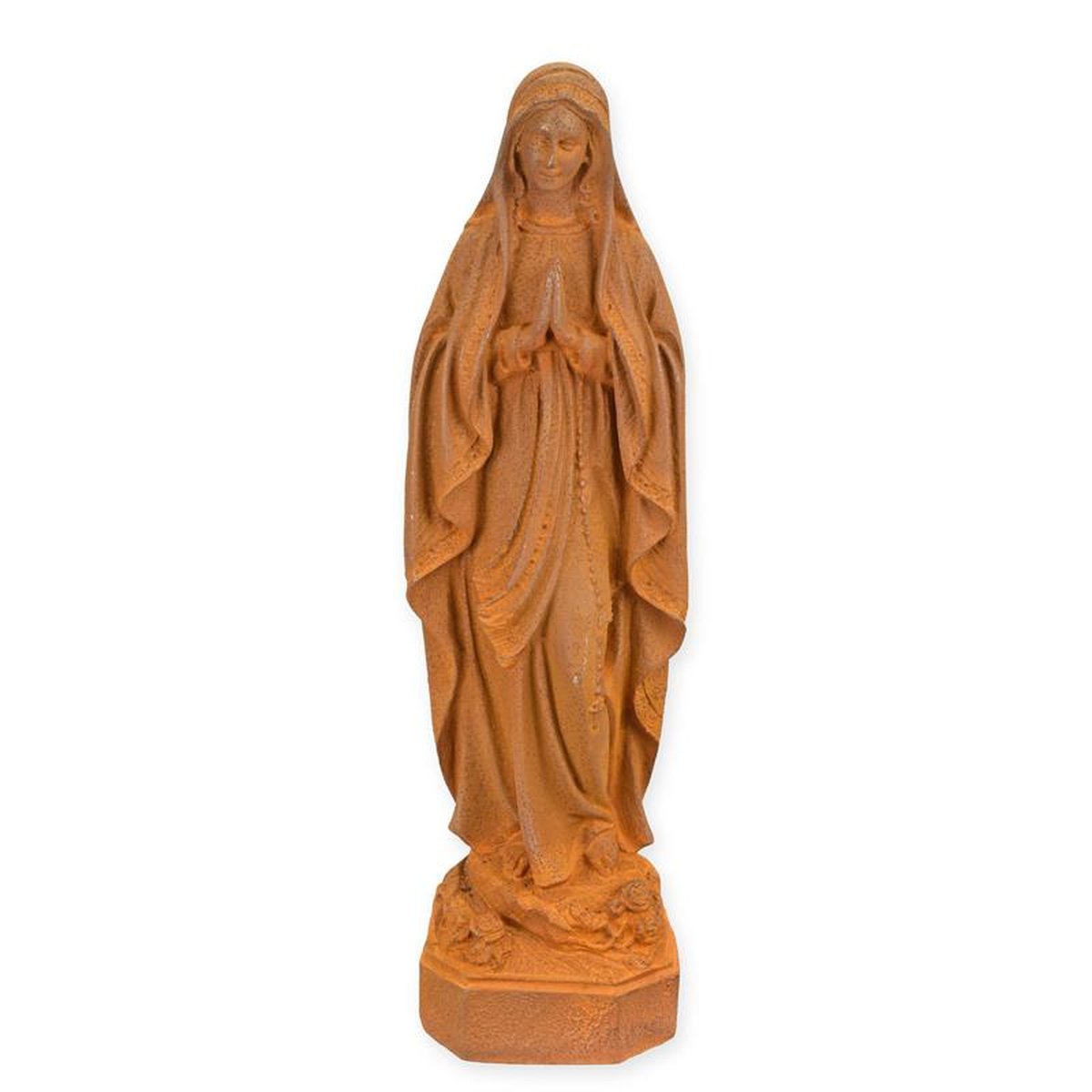 A RUSTY CAST IRON FIGURINE OF MARY