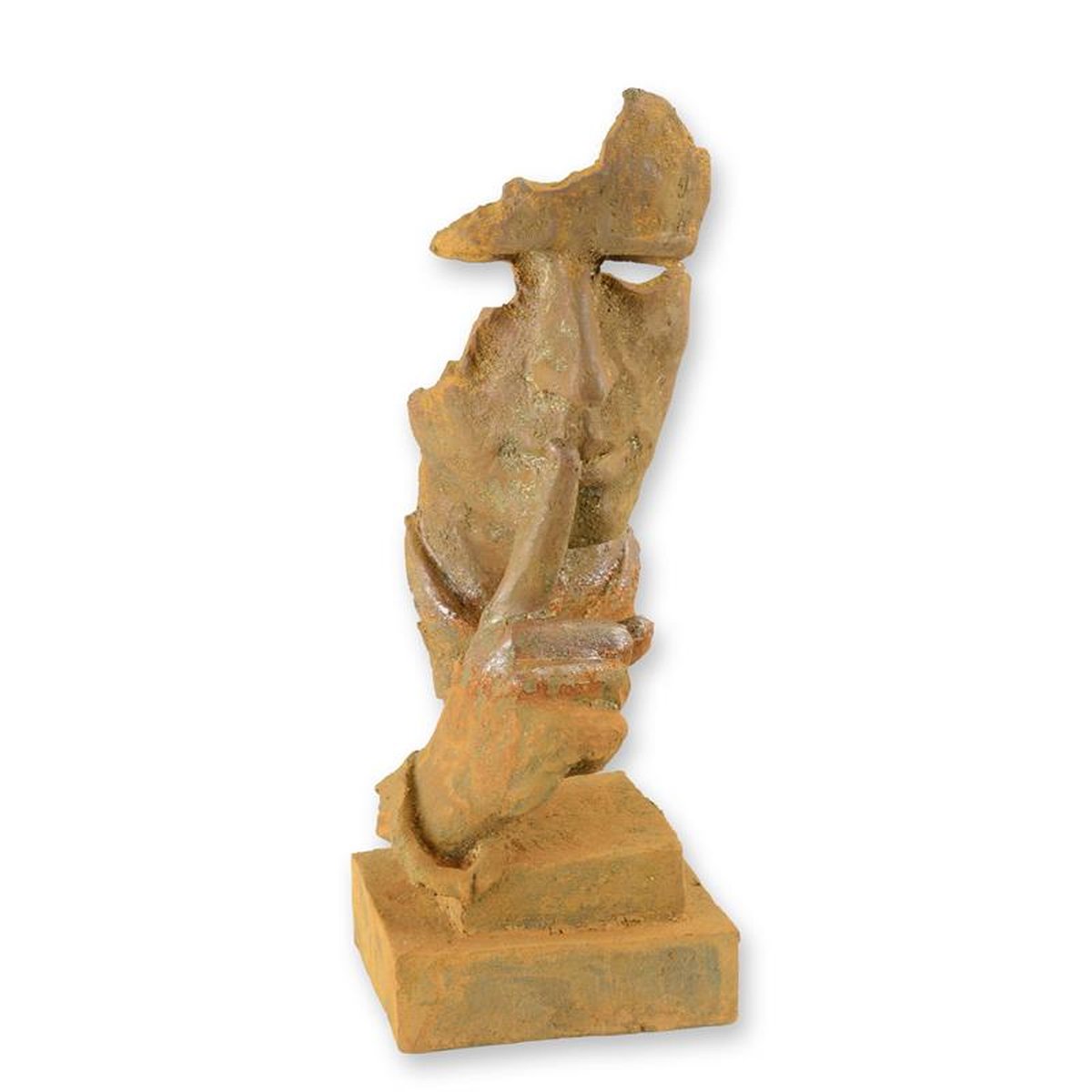 A RUSTY CAST IRON FIGURINE SPEAK NO EVIL""
