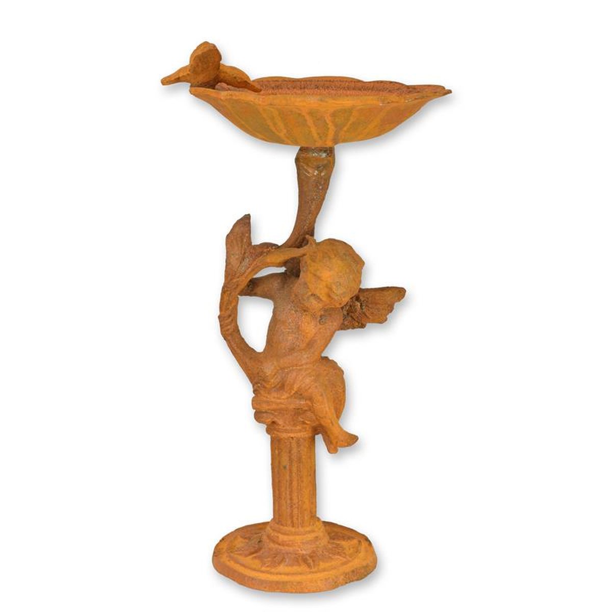 A RUSTY CAST IRON PUTTO BIRD BATH ON STAND