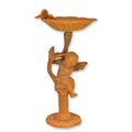 A RUSTY CAST IRON PUTTO BIRD BATH ON STAND
