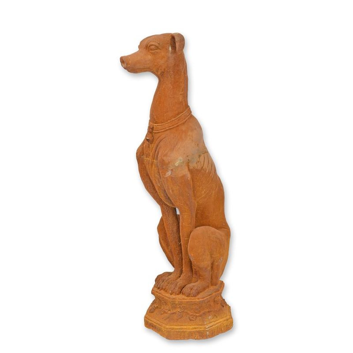 A RUSTY CAST IRON SCULPTURE OF A WHIPPET