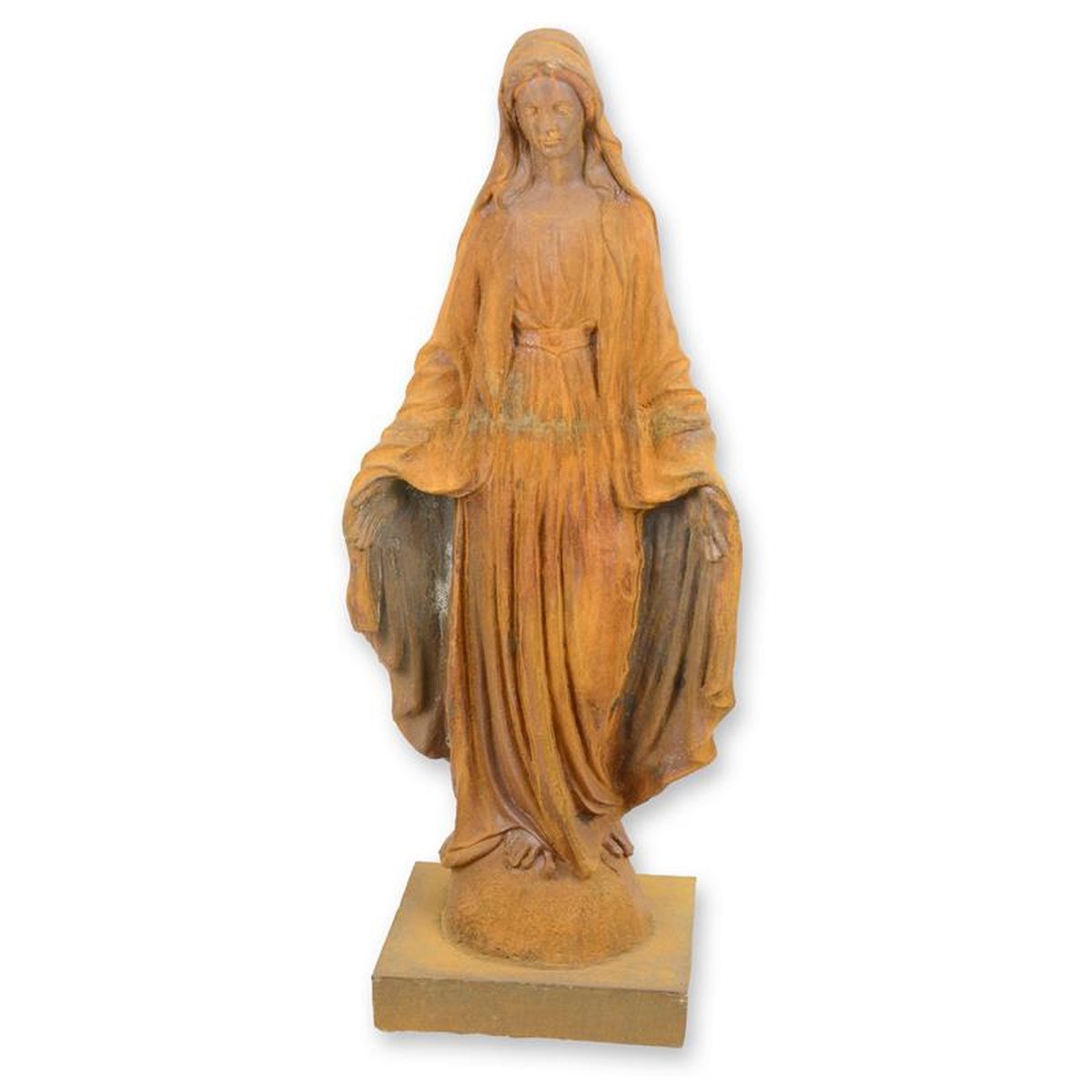A RUSTY CAST IRON STATUE OF MADONNA