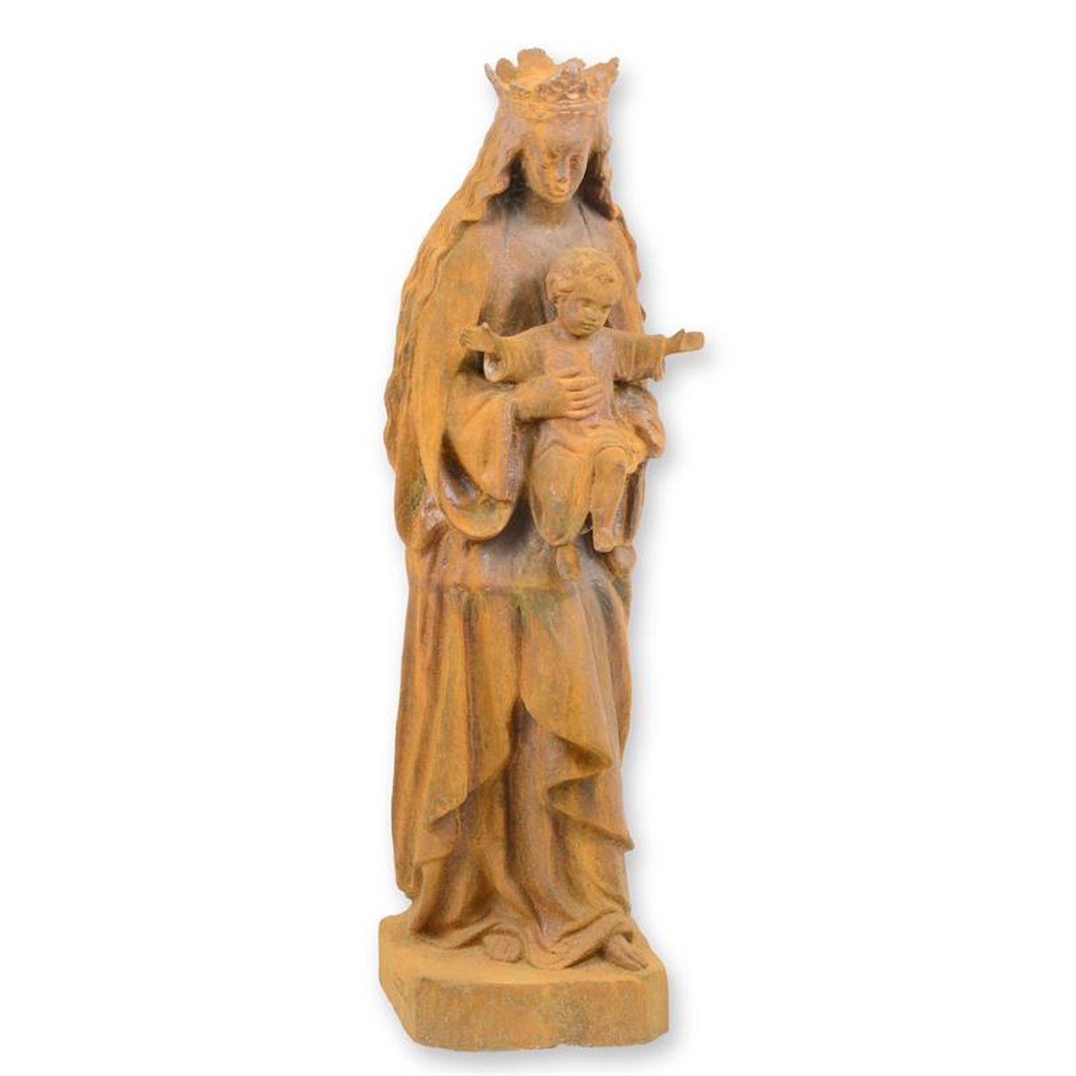 A RUSTY CAST IRON STATUE OF MADONNA WITH CHILD