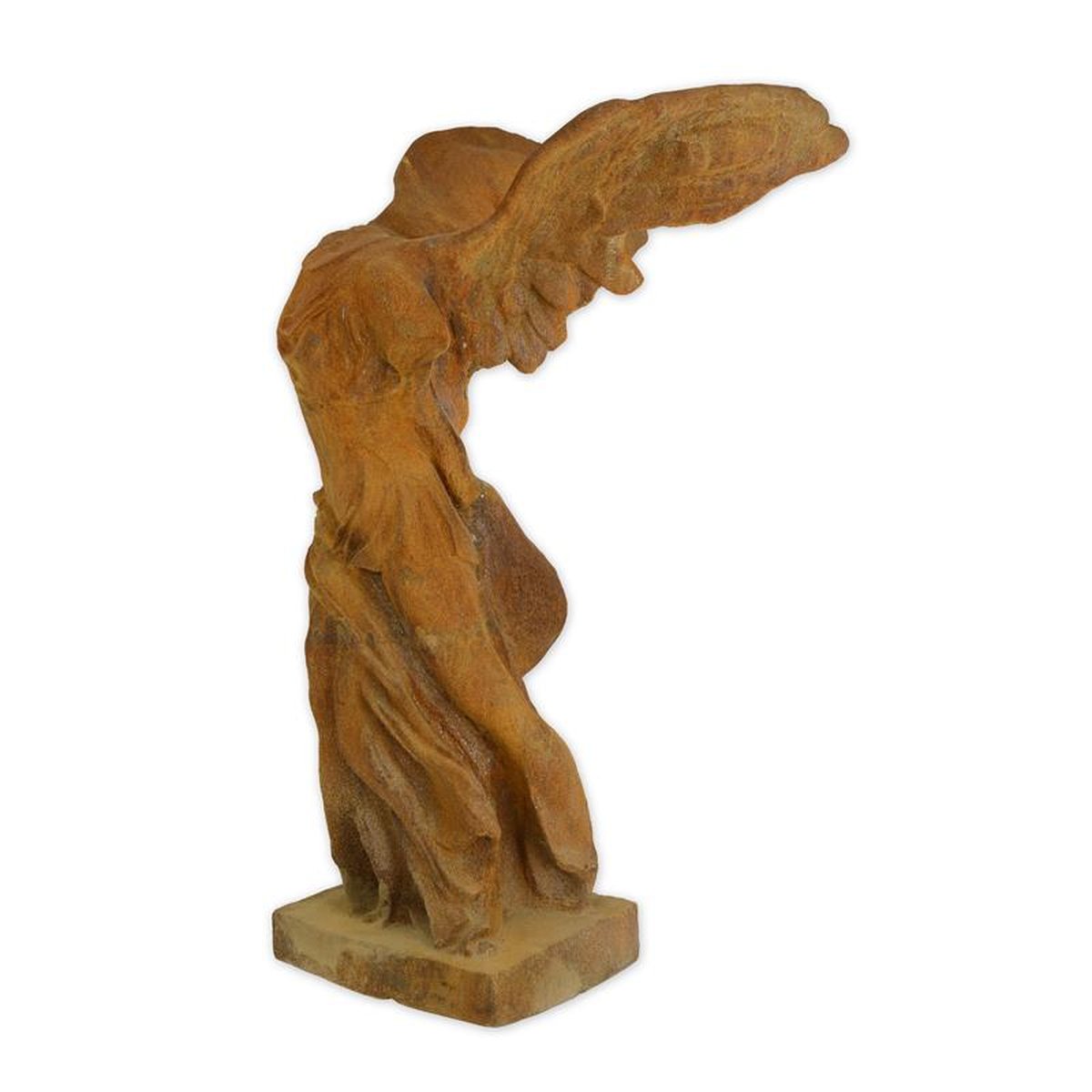 A RUSTY CAST IRON STATUE OF NIKÉ