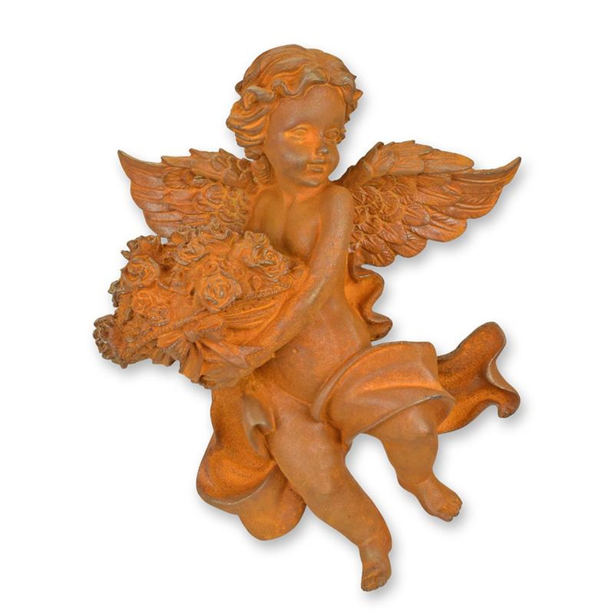 A RUSTY CAST IRON WALL MOUNT PUTTO HOLDING A FLOWER BASKET