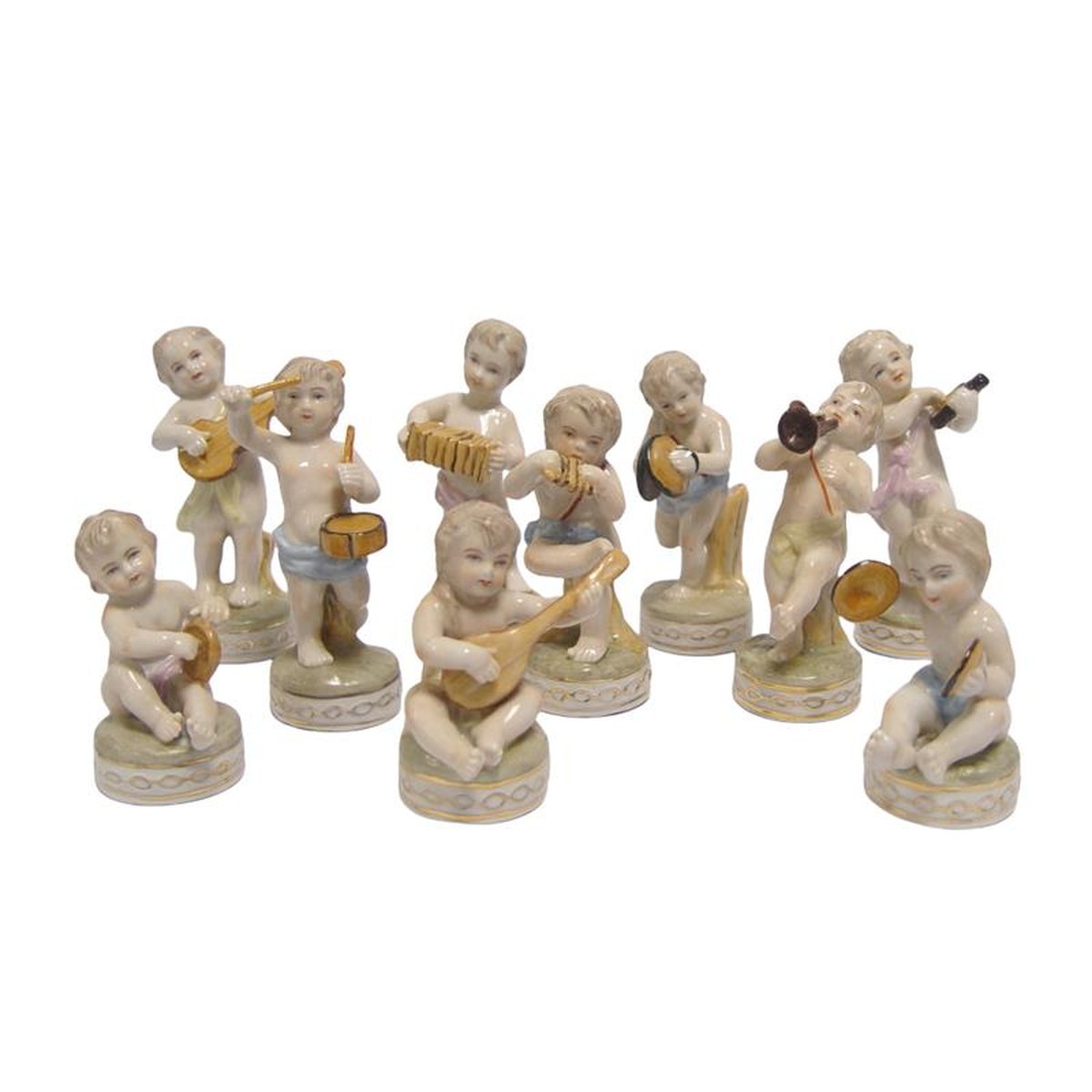 A SET OF 10 PORCELAIN PUTTI MUSICIANS