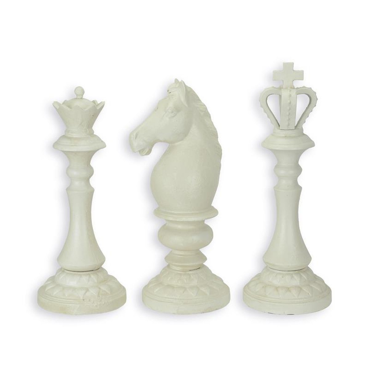 A SET OF 3 CAST IRON CHESS PIECES - ANTIQUE WHITE