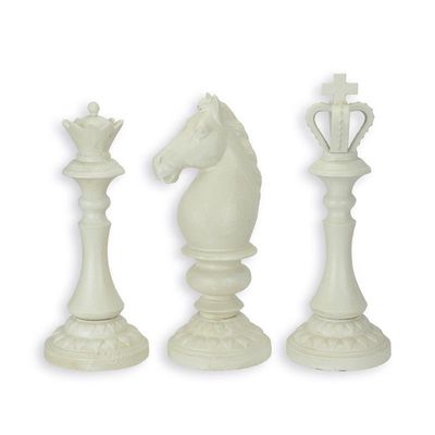 A SET OF 3 CAST IRON CHESS PIECES - ANTIQUE WHITE