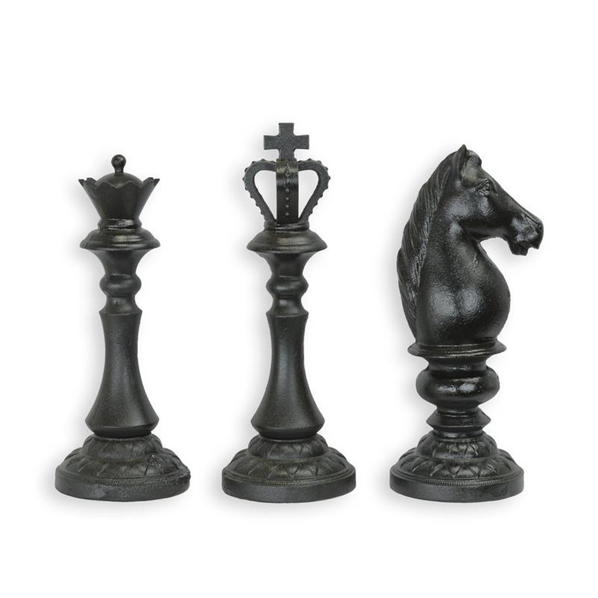 A SET OF 3 CAST IRON CHESS PIECES - BLACK