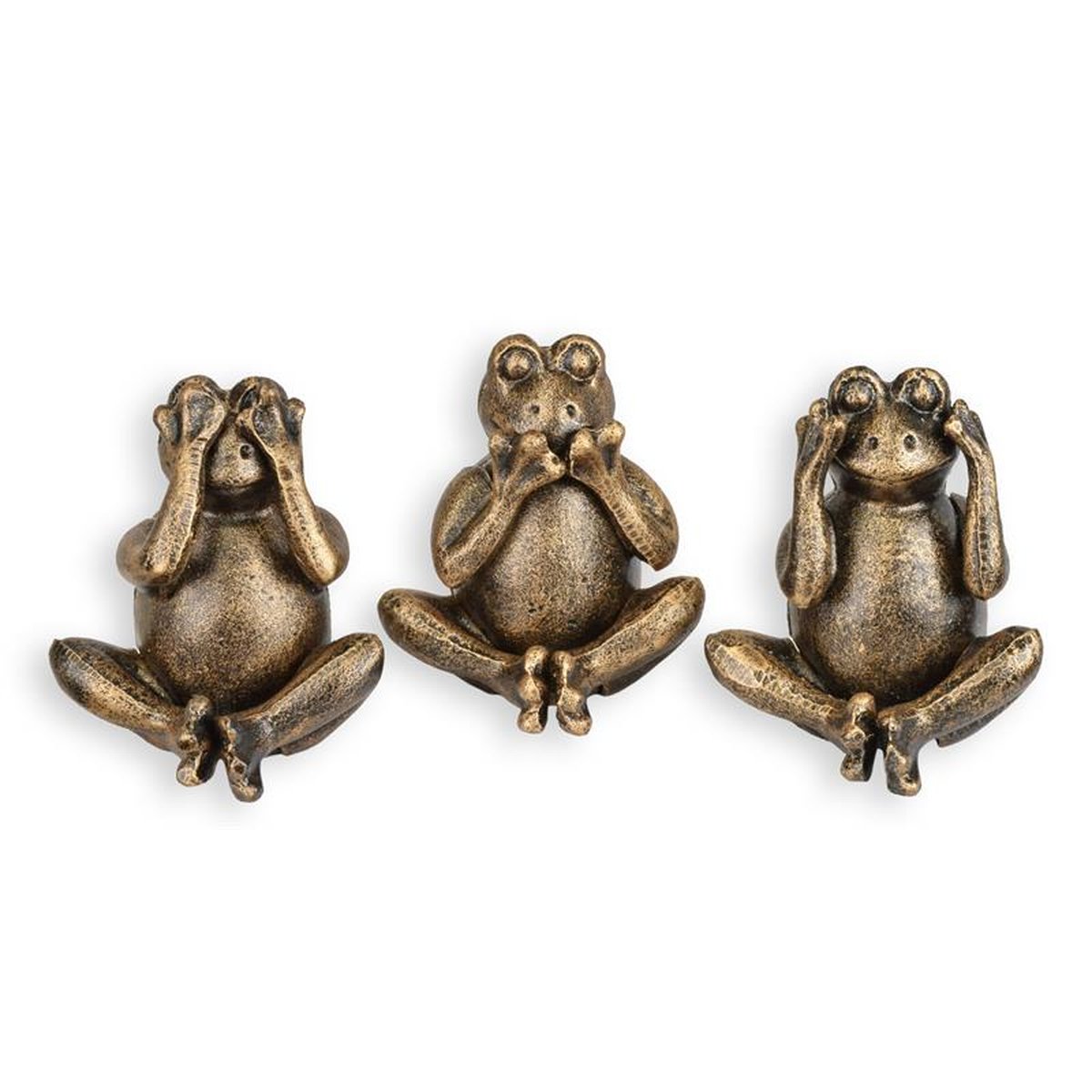 A SET OF 3 CAST IRON FROGS: SEE, SPEAK AND HEAR NO EVIL