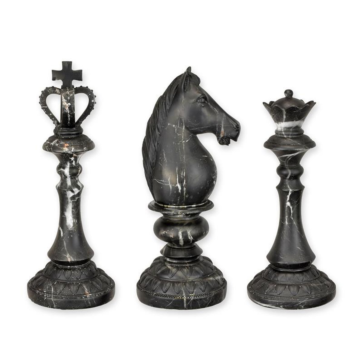 A SET OF 3 RESIN CHESS PIECES IN A MARBLE LOOK