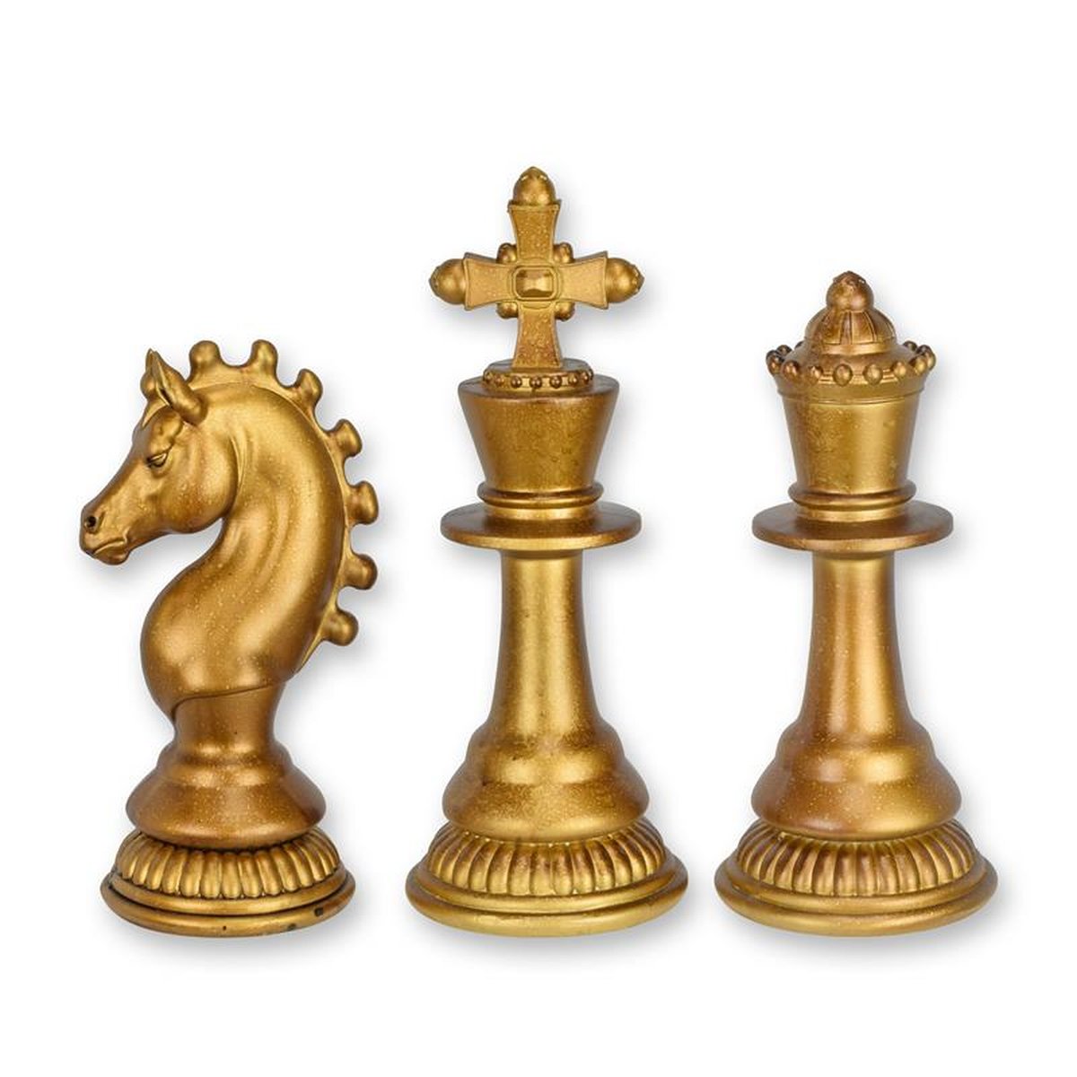 A SET OF 3 RESIN CHESS PIECES - OLD GOLD