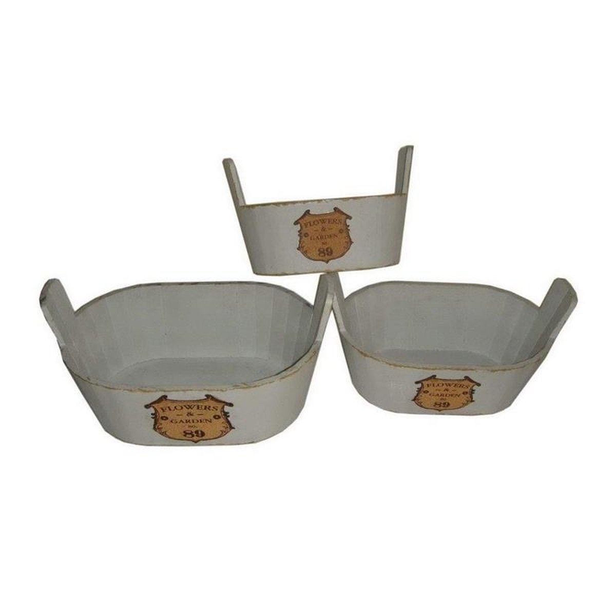 A SET OF 3 WOODEN TUBS HxWxL: 17 x 21 x 31 / 16 x 18 x 27 /