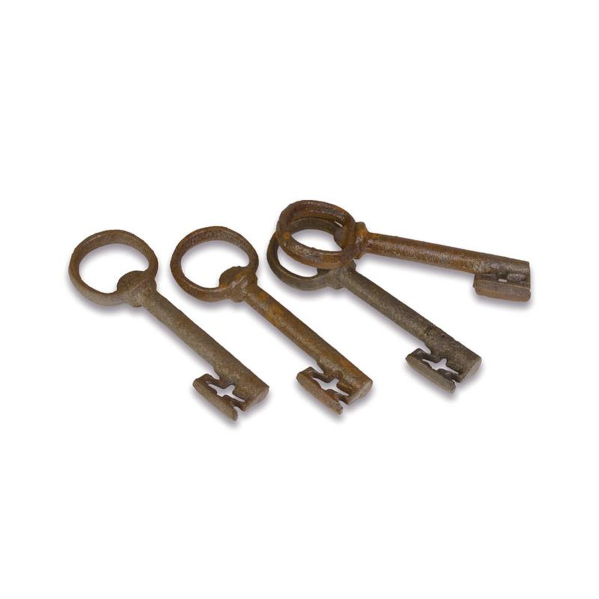 A SET OF 4 CAST IRON KEY SHAPED BOTTLE OPENERS