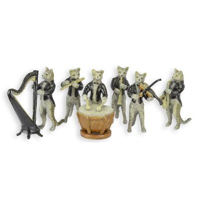 A SET OF SIX BRONZE CAT MUSICIANS
