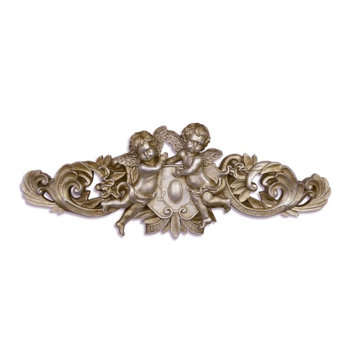 A SILVER RESIN CHERUB WALL PLAQUE